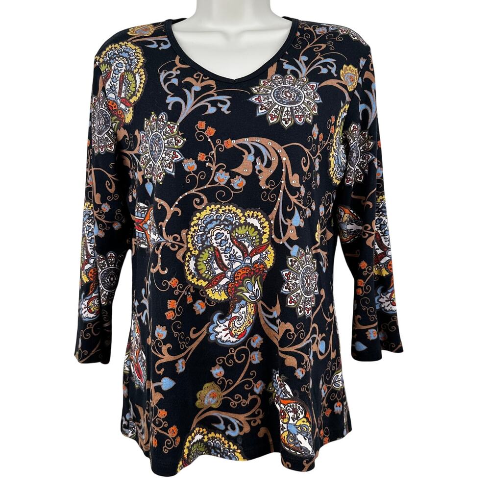Jess & Jane Shirt Top Paisley Rhinestones Cotton Black Medium USA 3/4 Sleeve